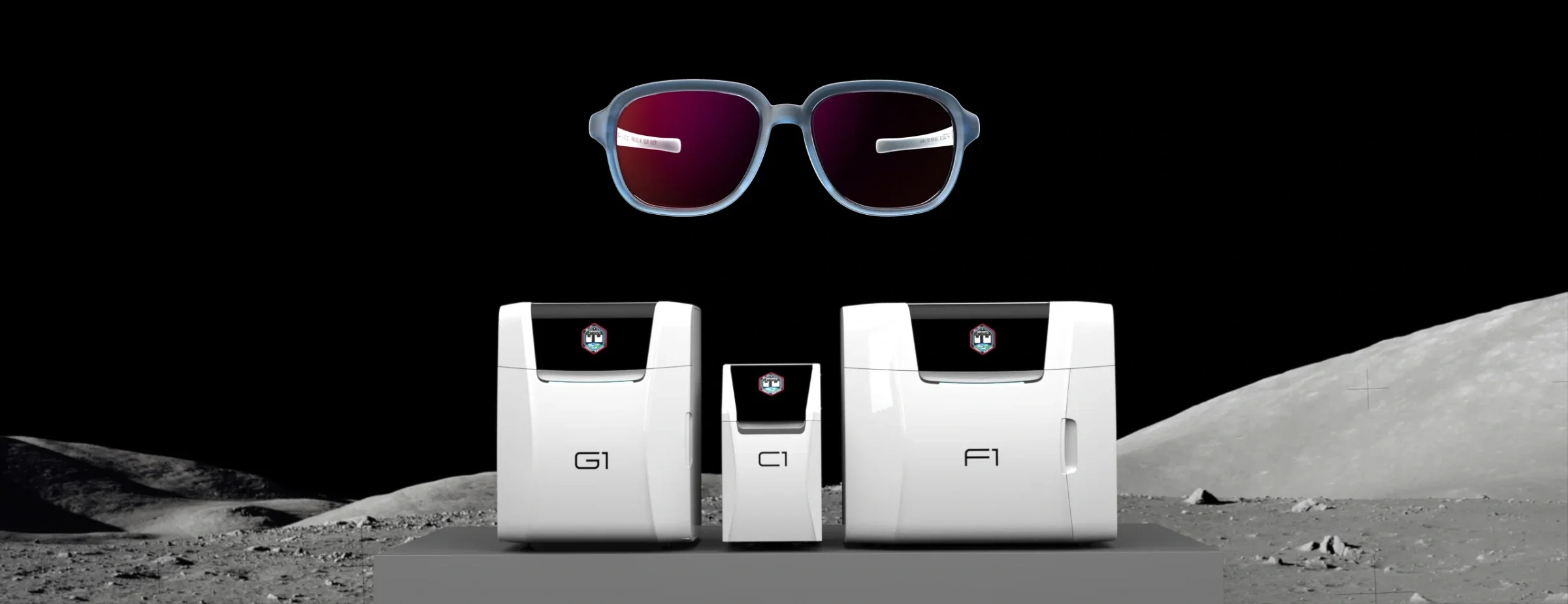 G1, C1 and F1 systems and eyewear on a lunar landscape